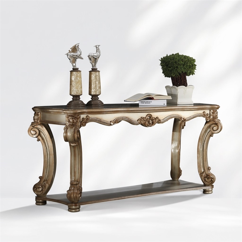 Bowery Hill Gold Patina Sofa Table with Scrolled Leg and Shelf