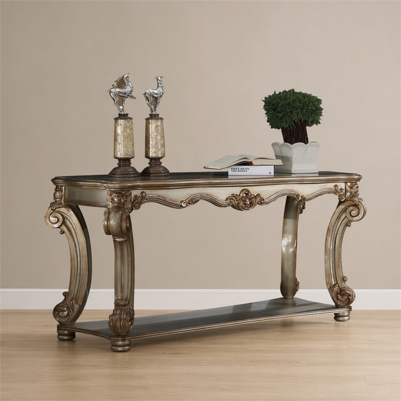 Bowery Hill Gold Patina Sofa Table with Scrolled Leg and Shelf