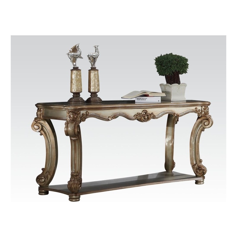 Bowery Hill Gold Patina Sofa Table with Scrolled Leg and Shelf