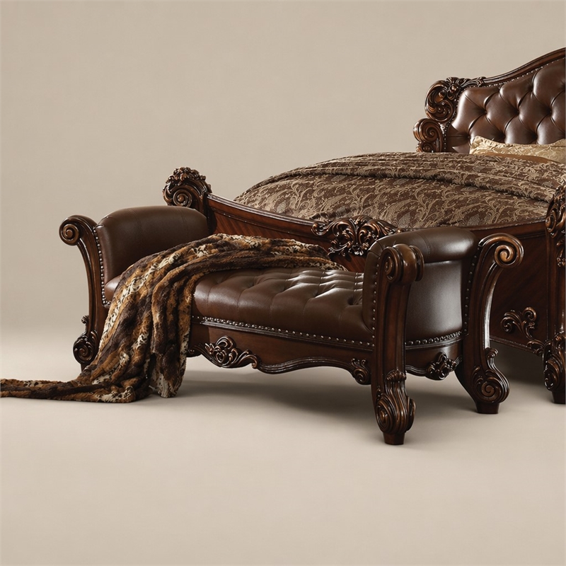 Bowery Hill Upholstered Bench with Tufted Seat in Cherry Finish