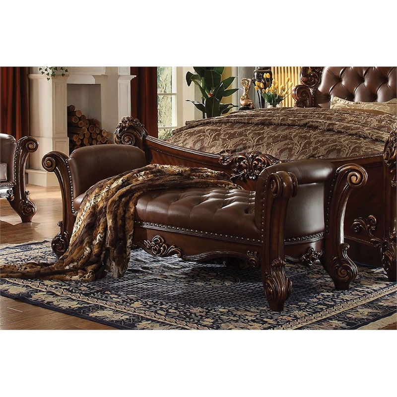Bowery Hill Upholstered Bench with Tufted Seat in Cherry Finish