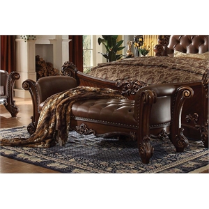 Bowery Hill Upholstered Bench with Tufted Seat in Cherry Finish
