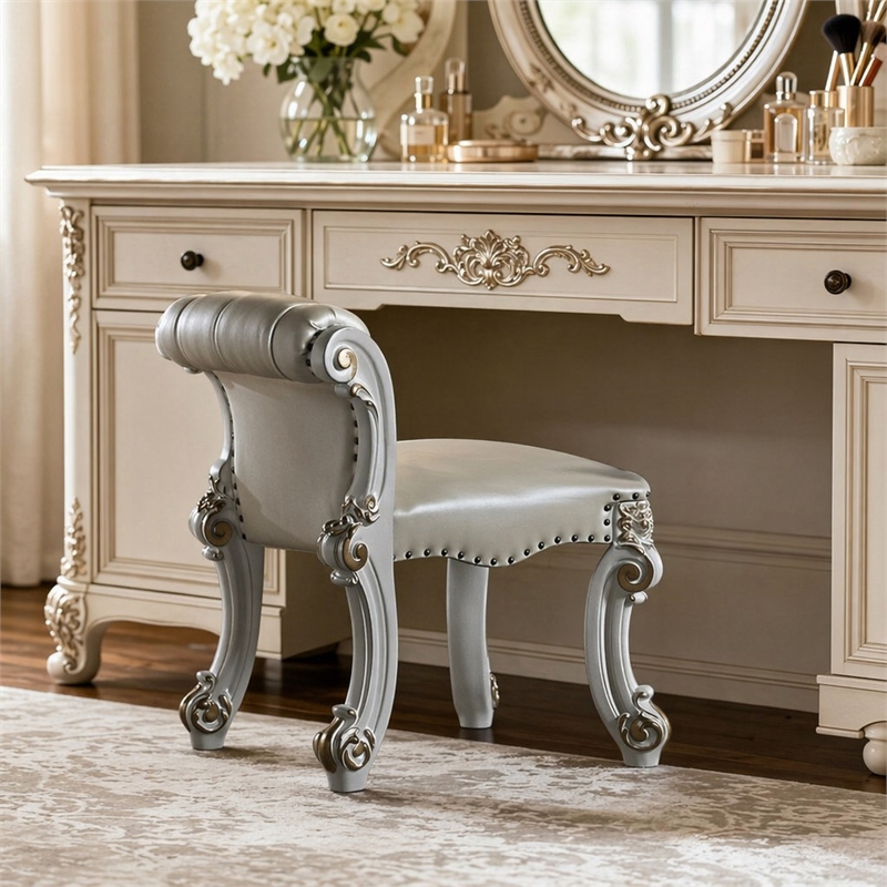 Bowery Hill Transitional Wood Vanity Stool with Padded Seat in Beige