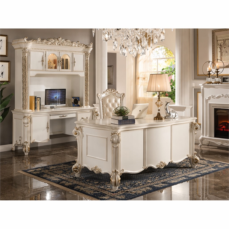 Bowery Hill Wooden Computer Desk and Hutch in Antique Pearl with Storage