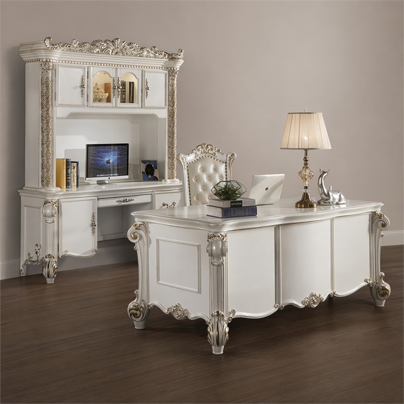 Bowery Hill Wooden Computer Desk and Hutch in Antique Pearl with Storage