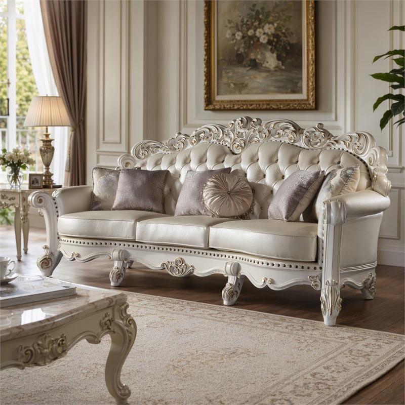 Bowery Hill Leather Upholstered Oversized Sofa with 6 Pillows in Pearl