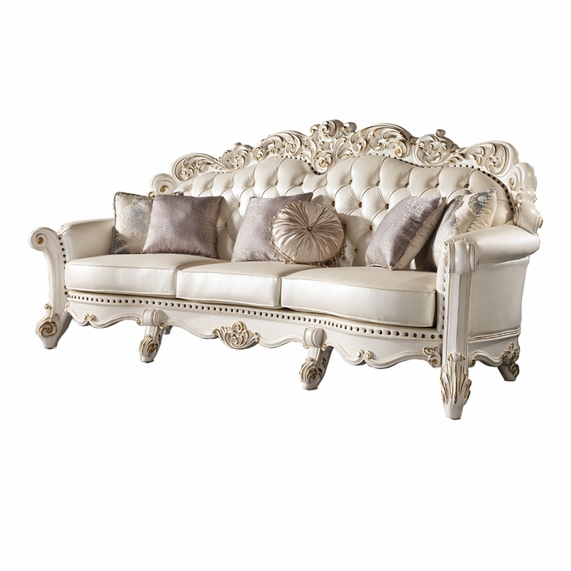 Bowery Hill Leather Upholstered Oversized Sofa with 6 Pillows in Pearl