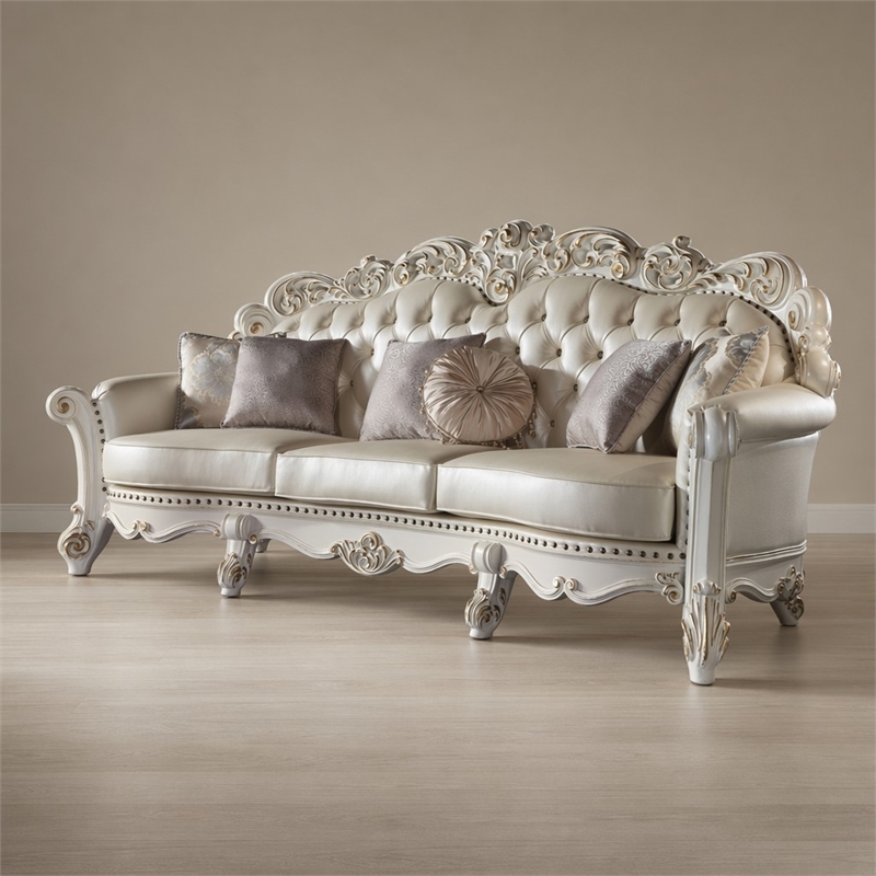 Bowery Hill Leather Upholstered Oversized Sofa with 6 Pillows in Pearl