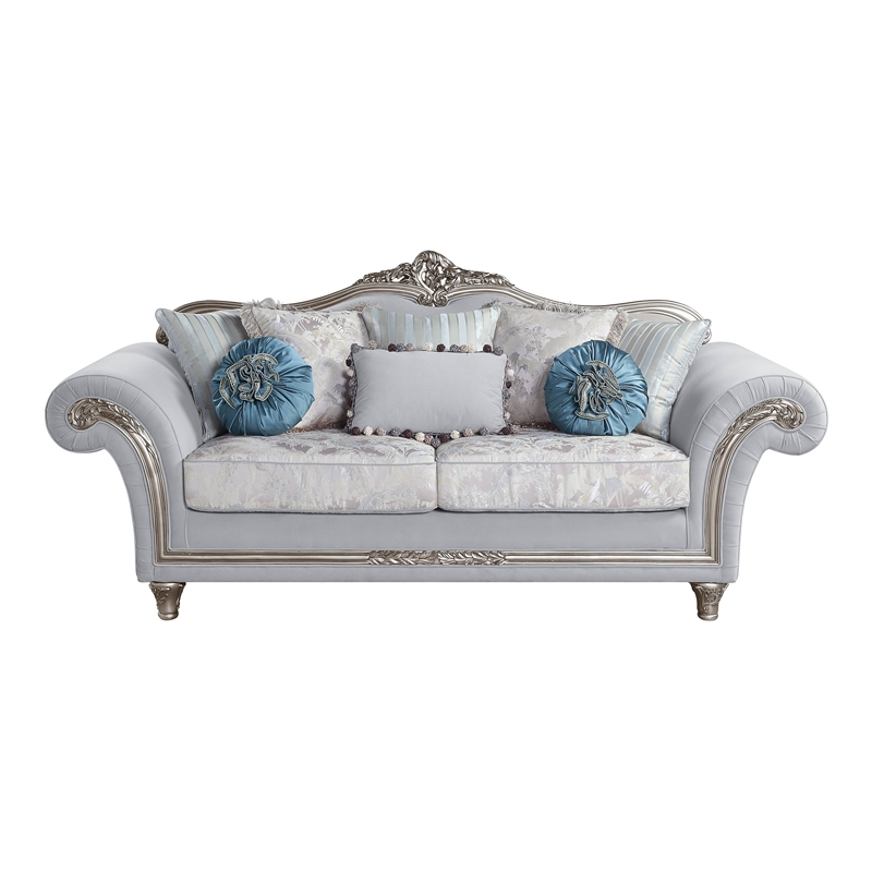 Bowery Hill Linen Camelback Sofa with 8 Pillows in Light Gray Finish