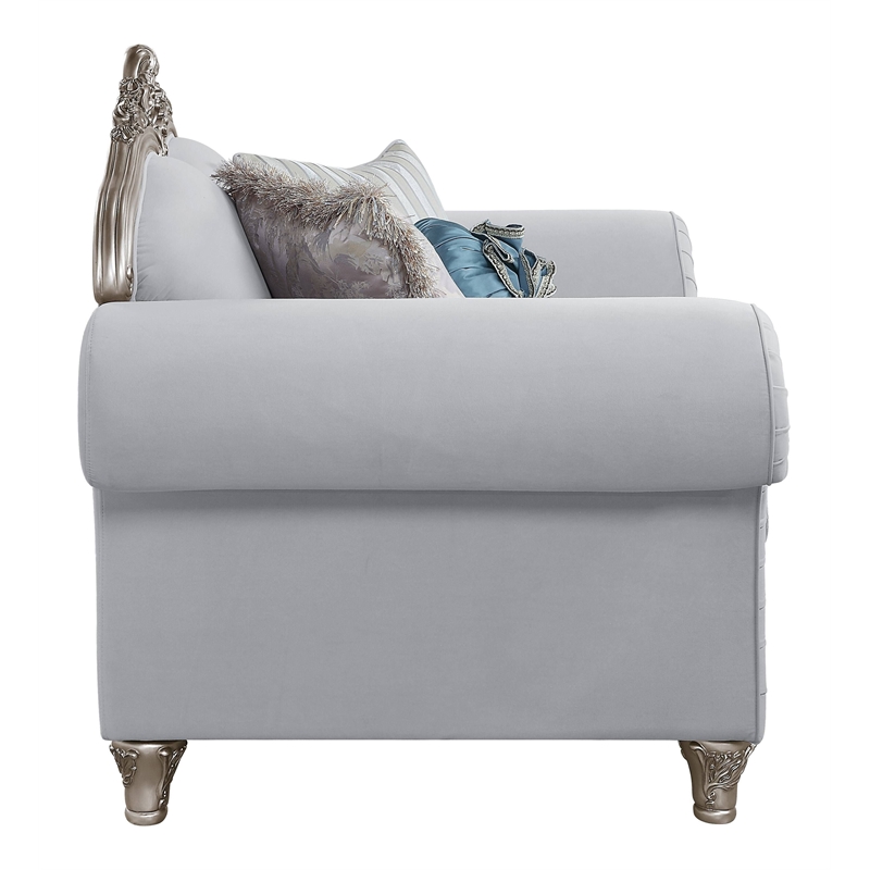 Bowery Hill Linen Camelback Sofa with 8 Pillows in Light Gray Finish