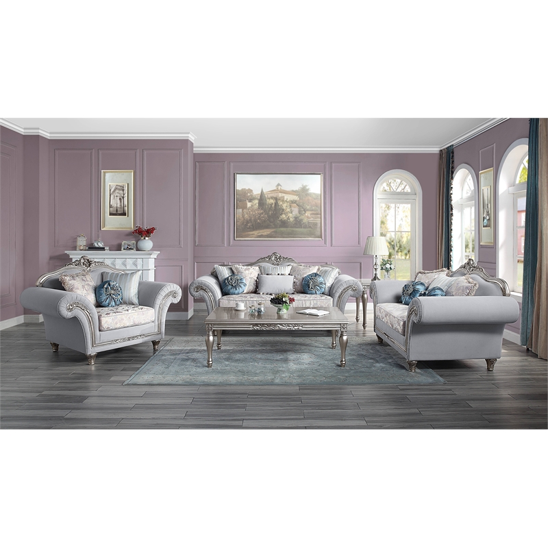 Bowery Hill Linen Camelback Sofa with 8 Pillows in Light Gray Finish