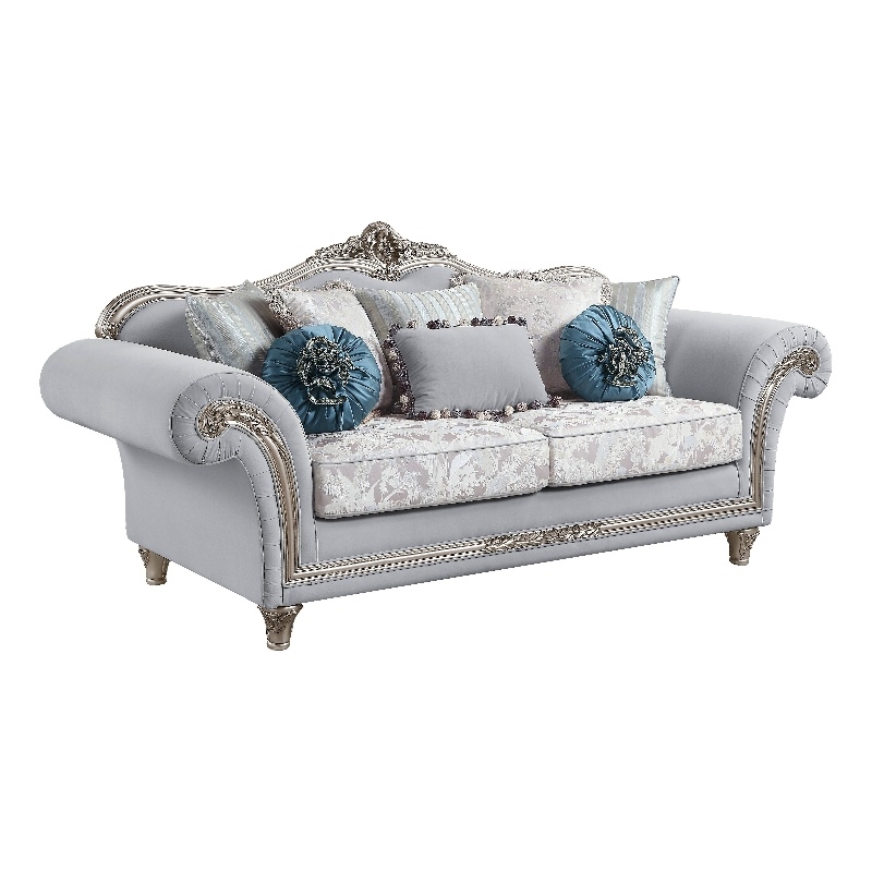 Bowery Hill Linen Camelback Sofa with 8 Pillows in Light Gray Finish
