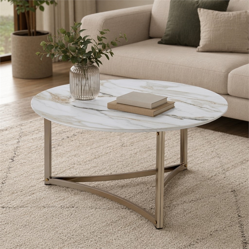 Bowery Hill Contemporary Coffee Table with Stone Top in Champagne Bronze