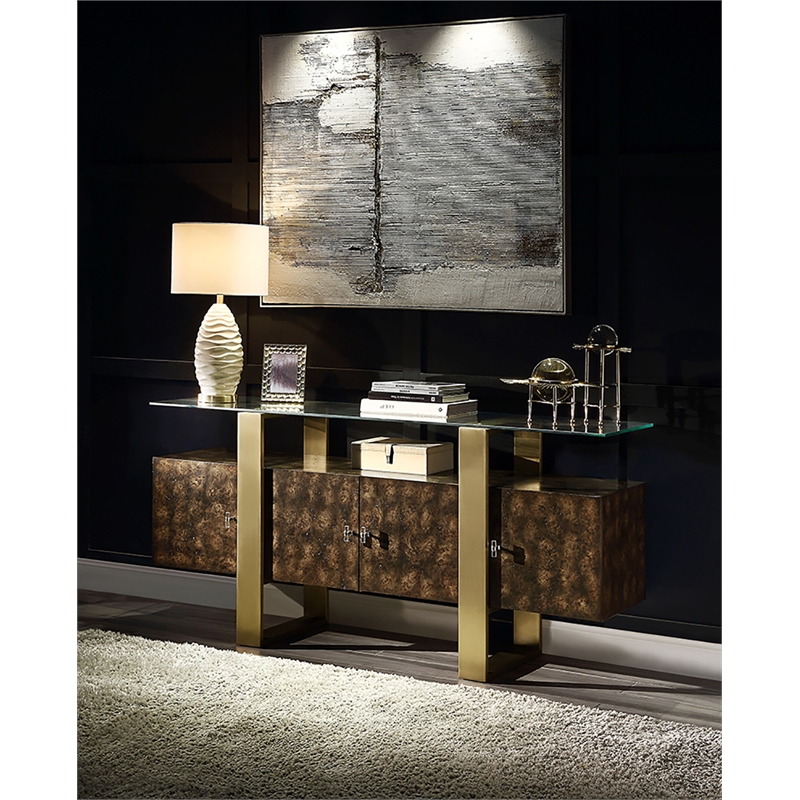 Bowery Hill Transitional Console Table with Glass Top in Brass and Antique Brown