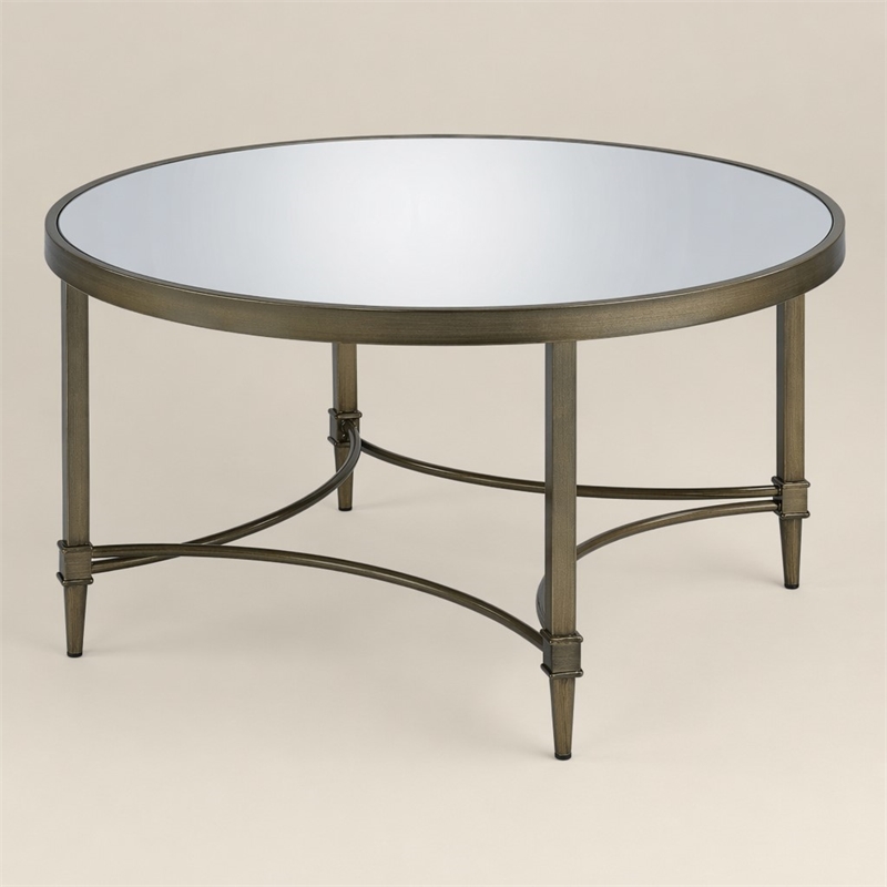Bowery Hill Metal Coffee Table with Mirrored Top in Antique Brass