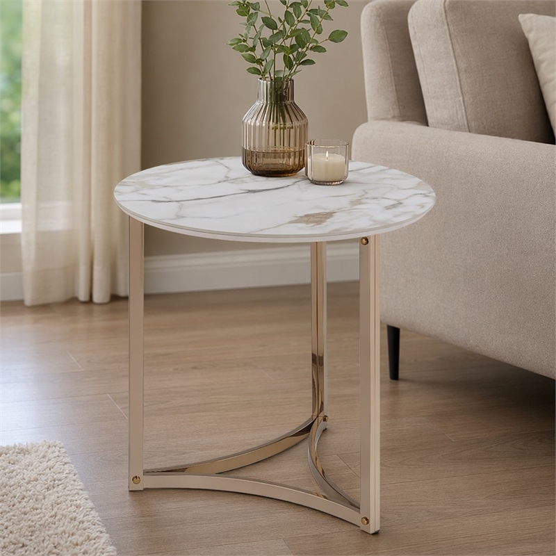 Bowery Hill Metal End Table with Stone Top in Champagne Bronze
