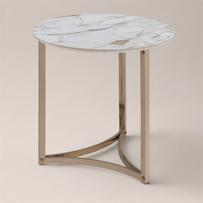 Bowery Hill Metal End Table with Stone Top in Champagne Bronze