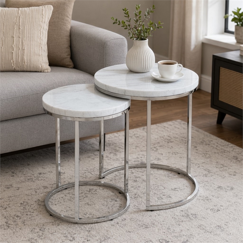 Bowery Hill Metal Nesting Table Set with Marble Top in Nickel (Set of 2)