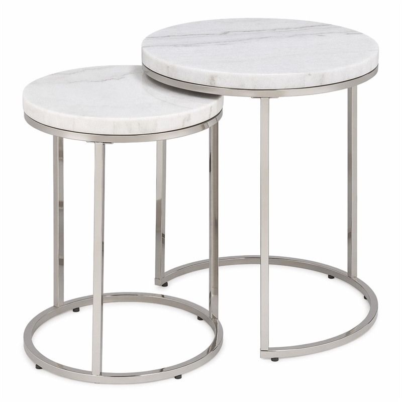 Bowery Hill Metal Nesting Table Set with Marble Top in Nickel (Set of 2)