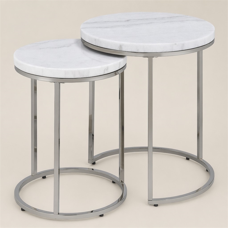 Bowery Hill Metal Nesting Table Set with Marble Top in Nickel (Set of 2)