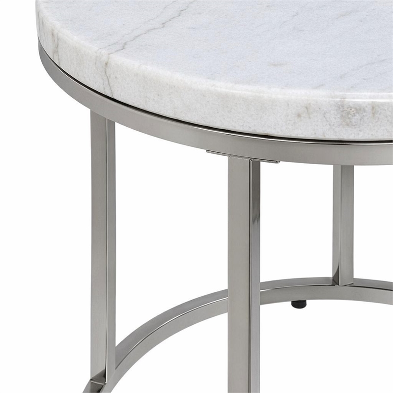 Bowery Hill Metal Nesting Table Set with Marble Top in Nickel (Set of 2)