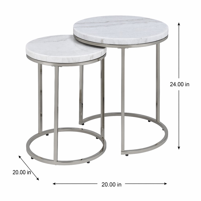 Bowery Hill Metal Nesting Table Set with Marble Top in Nickel (Set of 2)