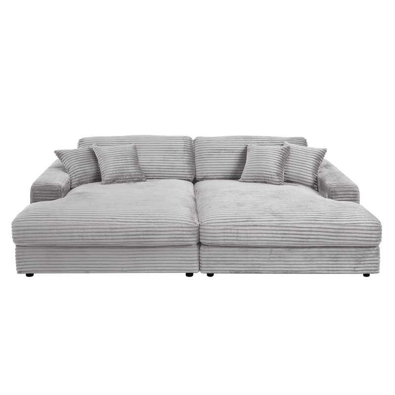 Bowery Hill Velvet Sectional Sofa with 4 Pillows in Beige