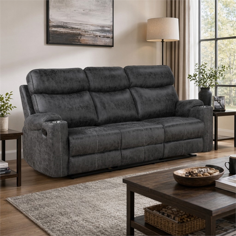 Bowery Hill Motion Sofa in Dark Gray Microfiber with Wooden Frame