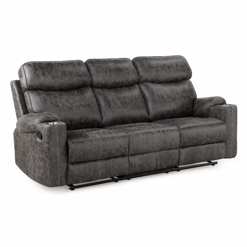 Bowery Hill Motion Sofa in Dark Gray Microfiber with Wooden Frame