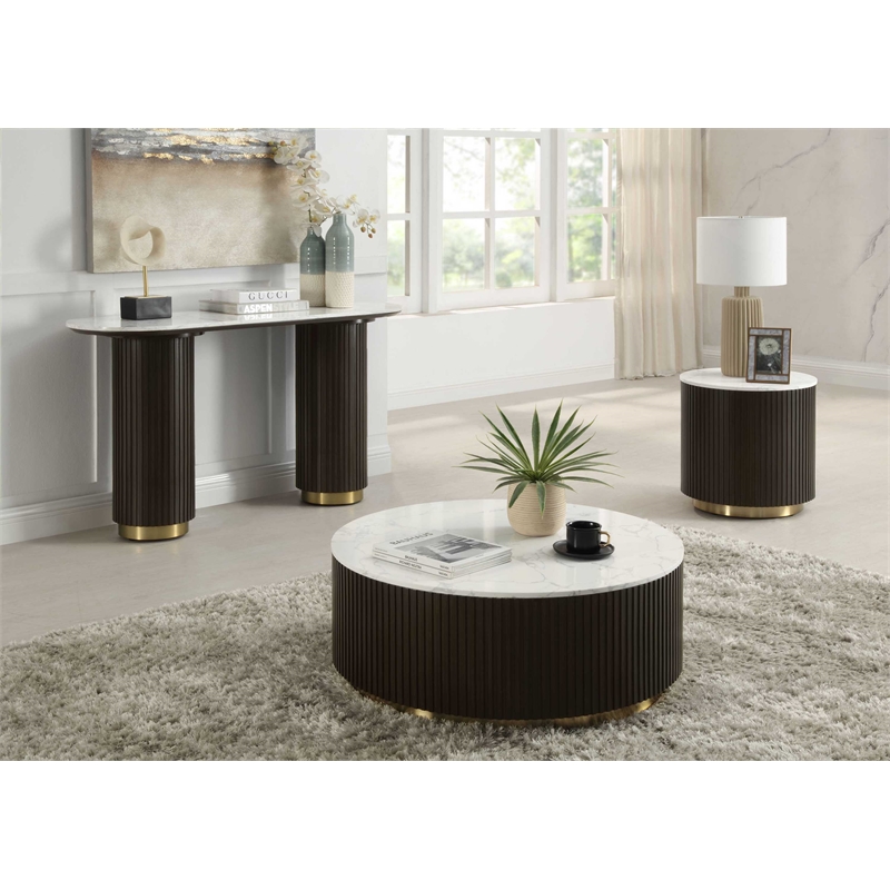 Bowery Hill Clayten Round Coffee Table with Marble Top and Espresso Base