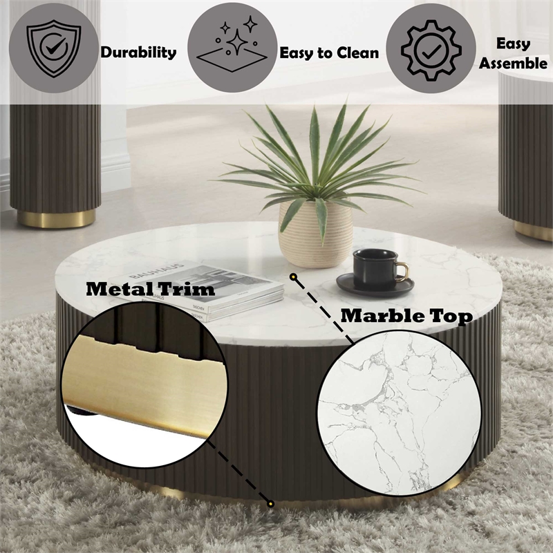 Bowery Hill Clayten Round Coffee Table with Marble Top and Espresso Base