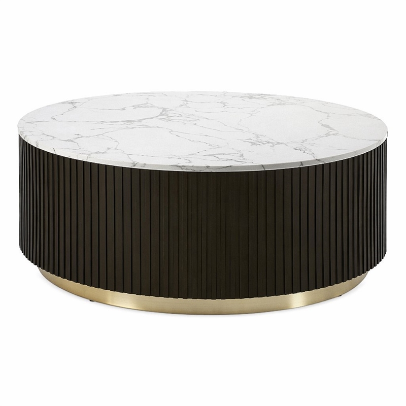 Bowery Hill Clayten Round Coffee Table with Marble Top and Espresso Base