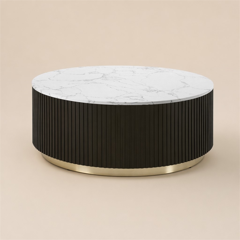 Bowery Hill Clayten Round Coffee Table with Marble Top and Espresso Base