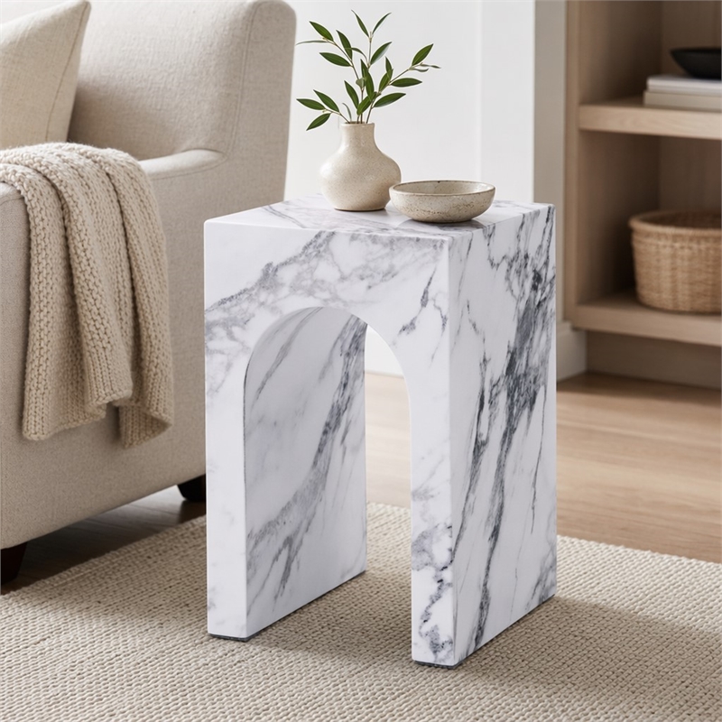 Bowery Hill Contemporary ECC/Wood Square End Table in White Engineered Stone