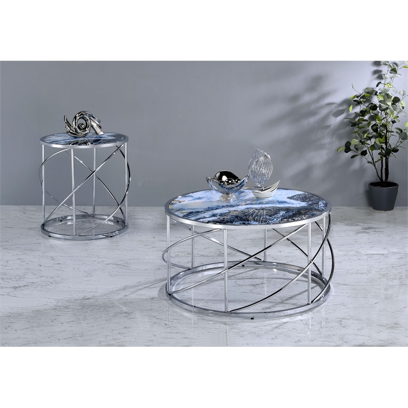 Bowery Hill Marble Print Round Metal End Table in Blue and Chrome Finish