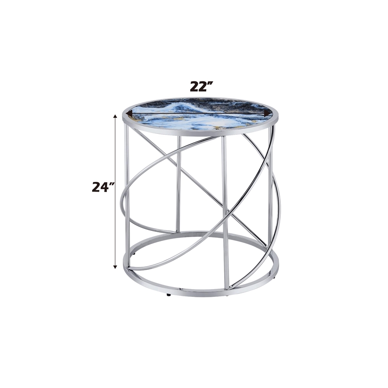 Bowery Hill Marble Print Round Metal End Table in Blue and Chrome Finish