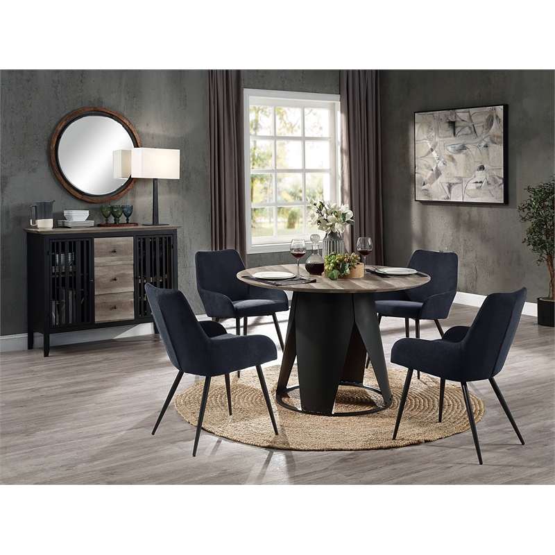Bowery Hill Round Metal Dining Table with Pedestal Base in Antique Oak