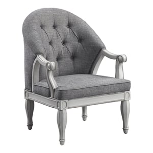 Bowery Hill Button Tufted Fabric Chair in Gray with Antique White Finish