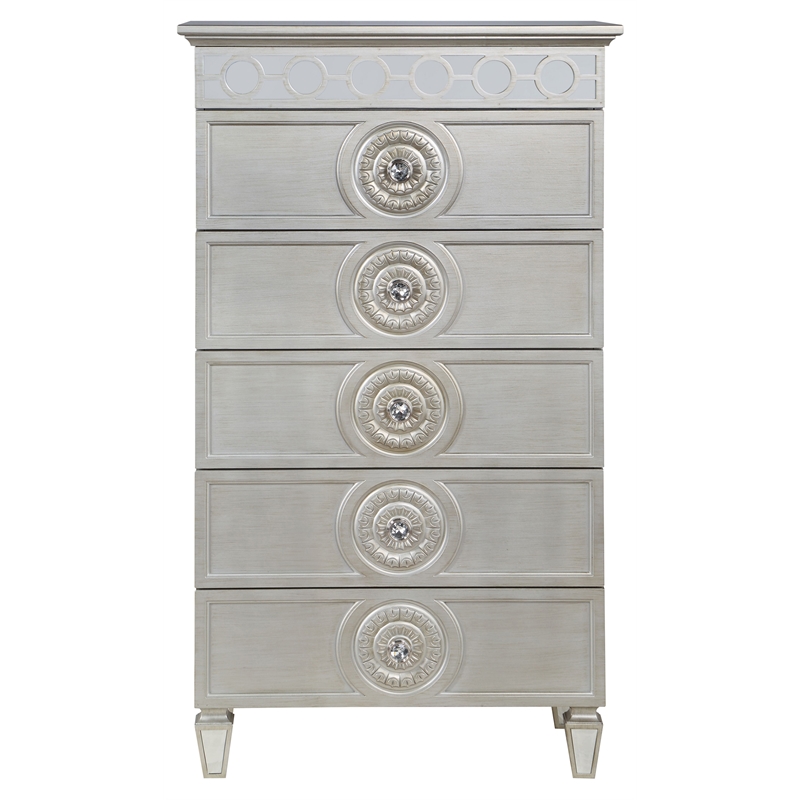 Bowery Hill 5-Drawe Wooden Chest with Mirror Inlay in Silver