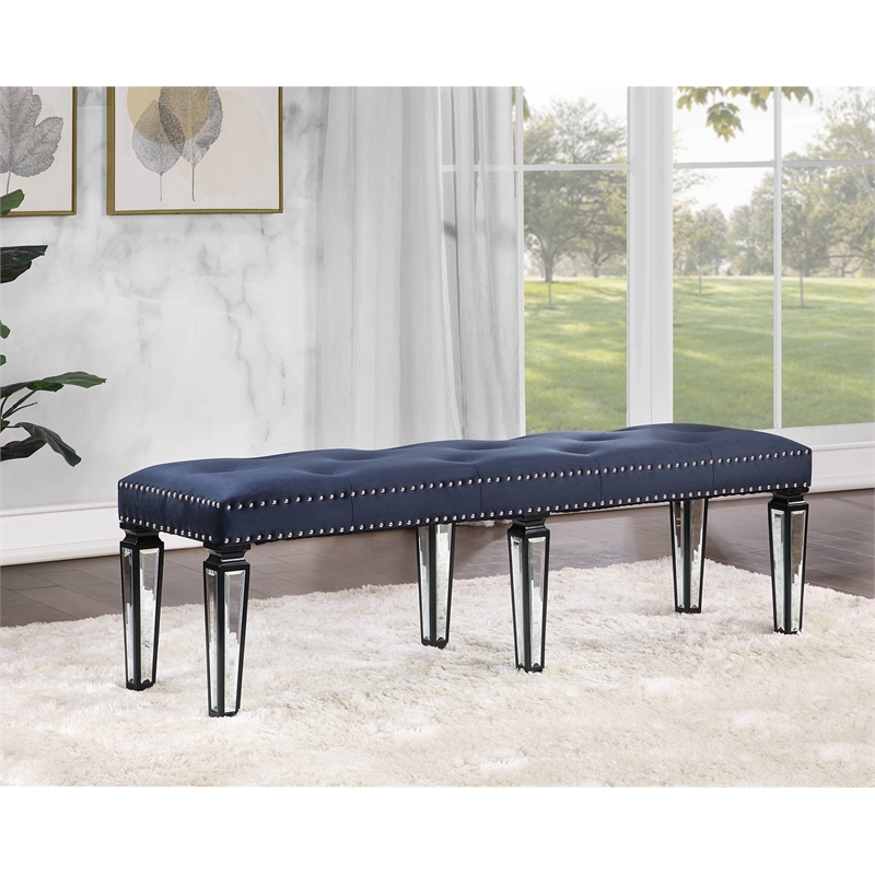 Bowery Hill Velvet Bench in Navy with Silver Nailhead Trim