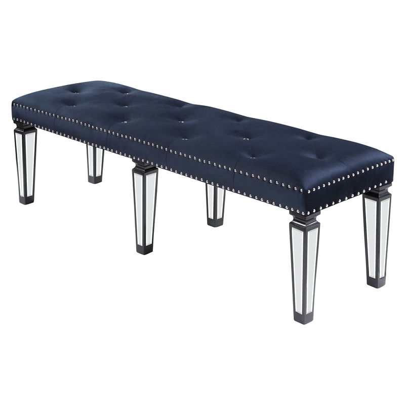 Bowery Hill Velvet Bench in Navy with Silver Nailhead Trim