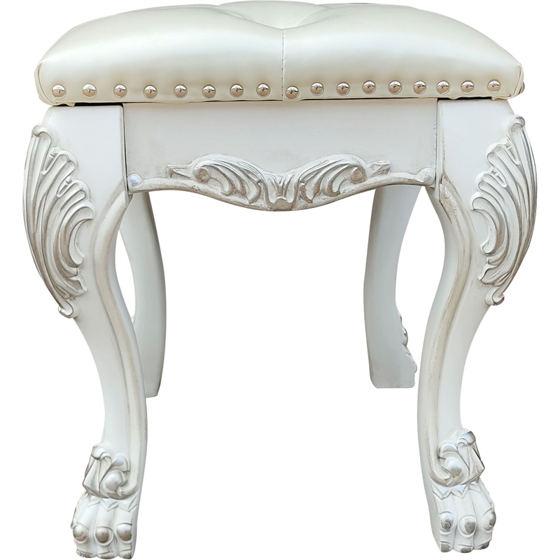 Bowery Hill Traditional Faux Leather Vanity Stool in Bone White
