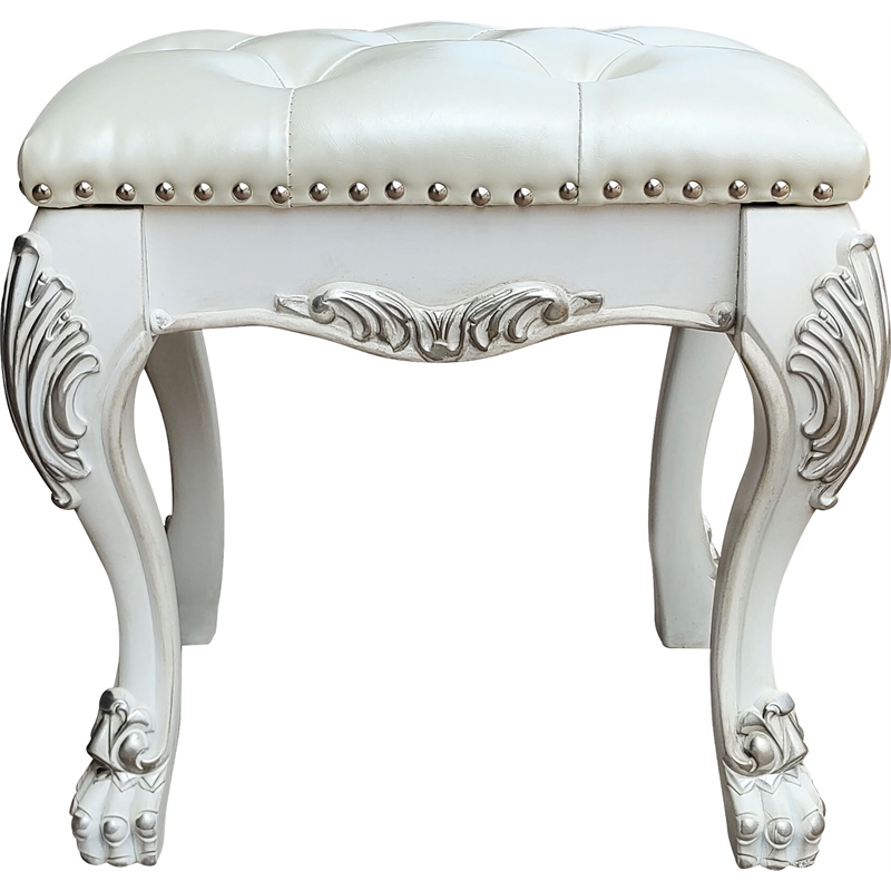 Bowery Hill Traditional Faux Leather Vanity Stool in Bone White