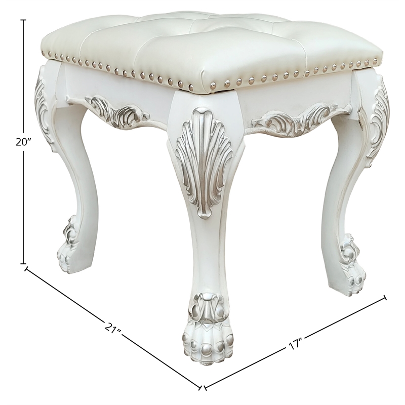 Bowery Hill Traditional Faux Leather Vanity Stool in Bone White