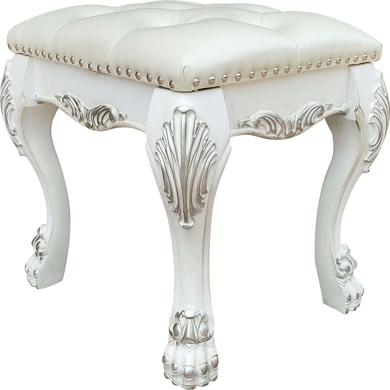 Bowery Hill Traditional Faux Leather Vanity Stool in Bone White