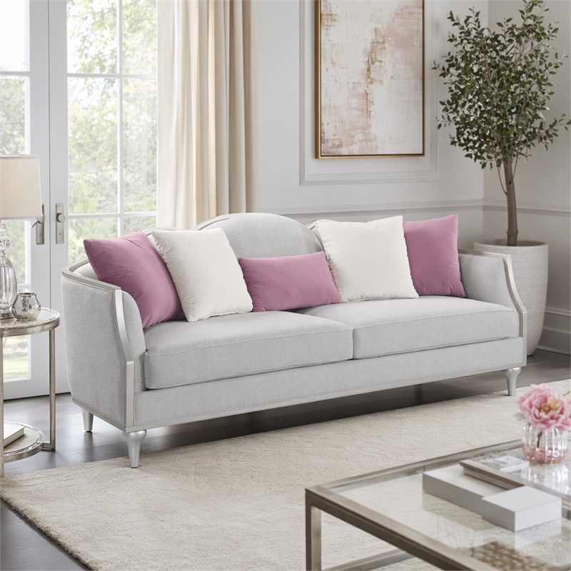 Bowery Hill Fabric Sofa with 5 Accent Pillows in Beige Linen