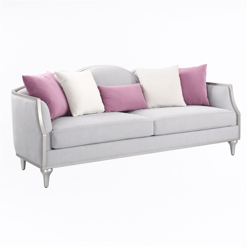 Bowery Hill Fabric Sofa with 5 Accent Pillows in Beige Linen