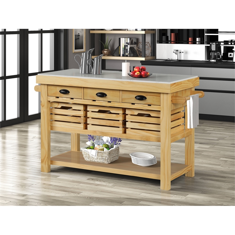 Bowery Hill Grovaam Kitchen Island with Marble Top in Natural Finish