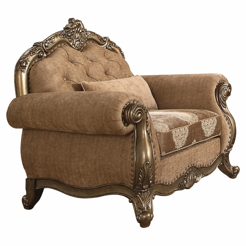 Bowery Hill Floral Chair with Button Tufted Back in Vintage Oak