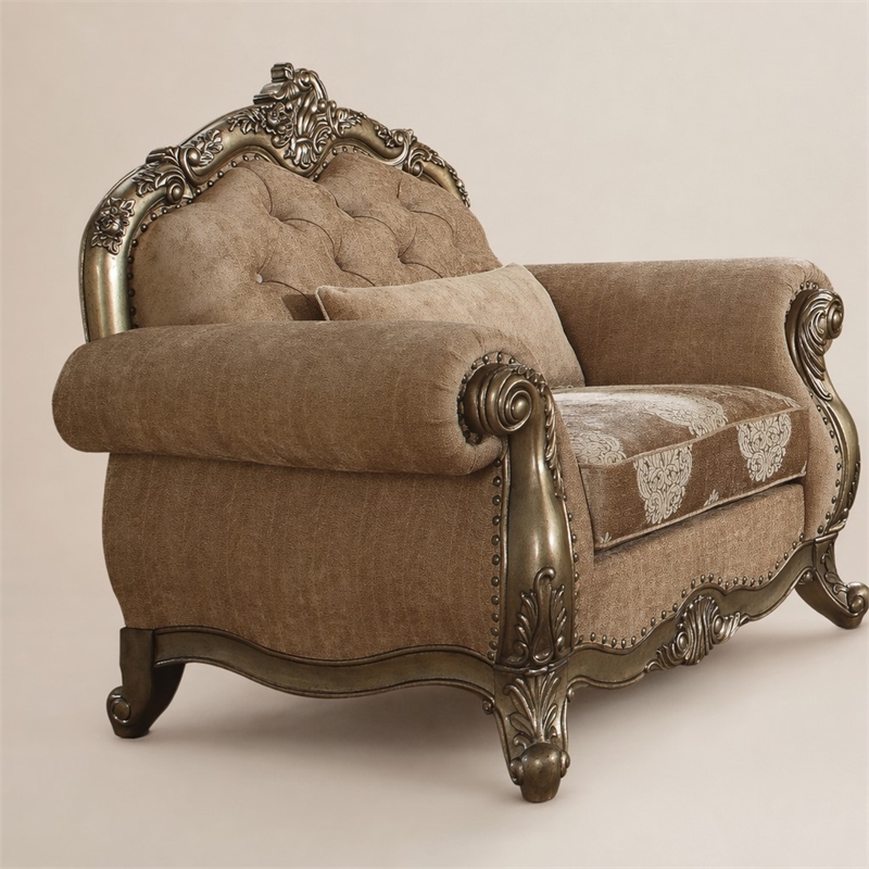 Bowery Hill Floral Chair with Button Tufted Back in Vintage Oak